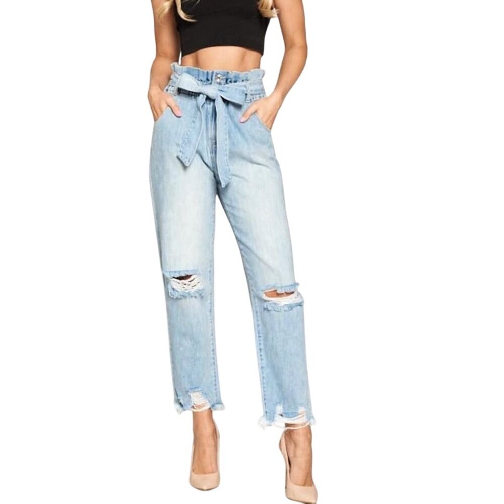 Francesca's High Rise Paperbag Jeans Light Wash Wide Leg Jeans Small Ripped